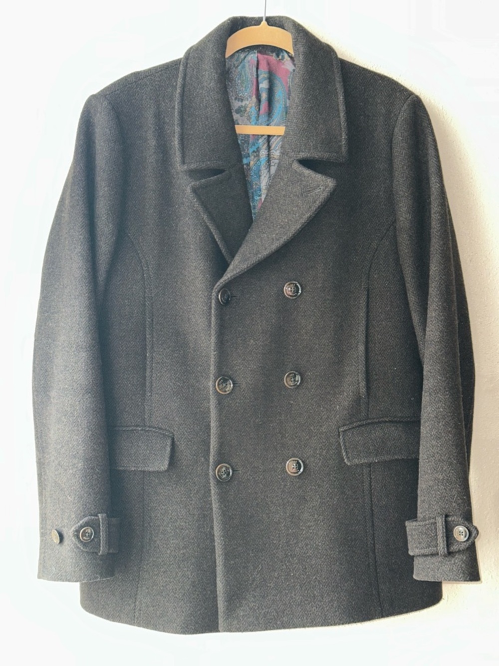 Ted Baker London Men's Herringbone Wool Peacoat Double Breasted Paisley Lined